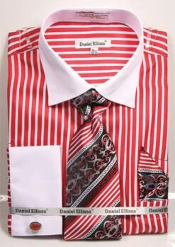 Daniel Ellissa Men's French Cuff Shirt Set - Two Tone Stripe -Stylish Men's Formal Wear 3787 red