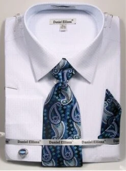 Daniel Ellissa Men's French Cuff Shirt Set - Stylish Mini Pattern -Stylish Men's Formal Wear 3792 lt blue