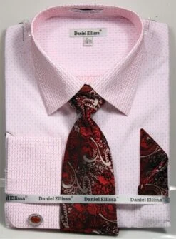 Daniel Ellissa Men's French Cuff Shirt Set - Stylish Mini Pattern -Stylish Men's Formal Wear 3792 red