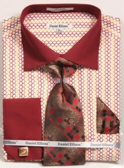 Daniel Ellissa Men's French Cuff Shirt Set - Colorful Weave Pattern -Stylish Men's Formal Wear 3794 burg