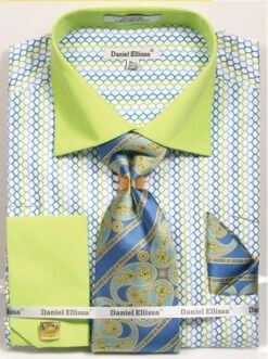 Daniel Ellissa Men's French Cuff Shirt Set - Colorful Weave Pattern -Stylish Men's Formal Wear 3794 green