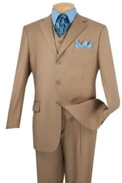 Vinci Men's 3 Piece Solid Executive Suit - Many Colors Available -Stylish Men's Formal Wear 3tr 3 khaki 3