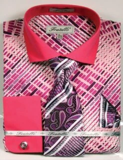 Fratello Men's French Cuff Dress Shirt Set - Vibrant Weave -Stylish Men's Formal Wear 4134 fuchsia