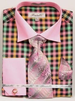 Fratello Men's French Cuff Dress Shirt Set - Vibrant Checker -Stylish Men's Formal Wear 4139 rose pink