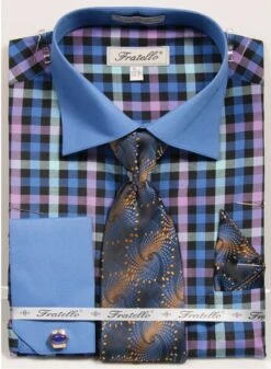 Fratello Men's French Cuff Dress Shirt Set - Vibrant Checker -Stylish Men's Formal Wear 4139 royal