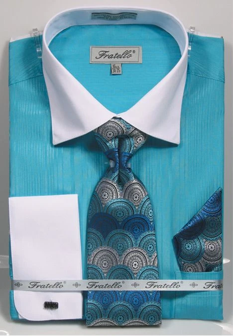 Fratello Men's French Cuff Dress Shirt Set - Textured Two Tone 6 Fratello Men's French Cuff Dress Shirt Set - Textured Two Tone - Image 4