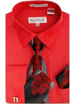 Karl Knox Men's French Cuff Shirt Set - Pinstripe Shirt -Stylish Men's Formal Wear 4441firered