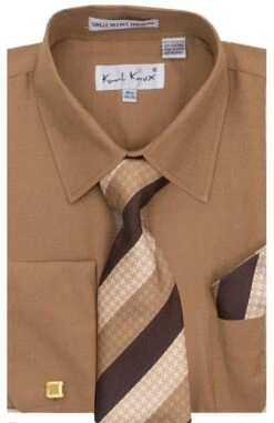 Karl Knox Men's French Cuff Shirt Set - Smooth Triple Stripe -Stylish Men's Formal Wear 4473tan 9 opt