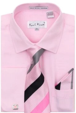 Karl Knox Men's French Cuff Shirt Set - Bold Stripes -Stylish Men's Formal Wear 4484 pink opt