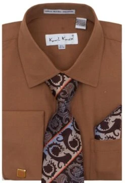 Karl Knox Men's French Cuff Shirt Set - Two Tone Stripes -Stylish Men's Formal Wear 4485brown opt