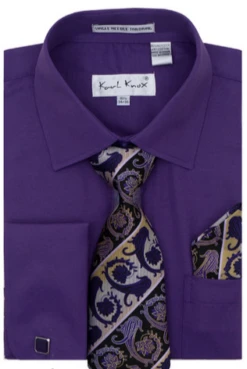 Karl Knox Men's French Cuff Shirt Set - Two Tone Stripes -Stylish Men's Formal Wear 4485purple