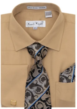 Karl Knox Men's French Cuff Shirt Set - Two Tone Stripes -Stylish Men's Formal Wear 4485tan