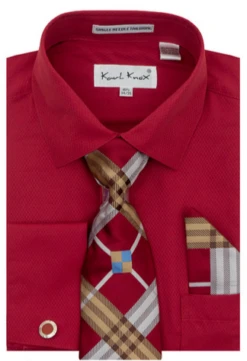 Karl Knox Men's French Cuff Shirt Set - Stylish Plaid -Stylish Men's Formal Wear 4489wine