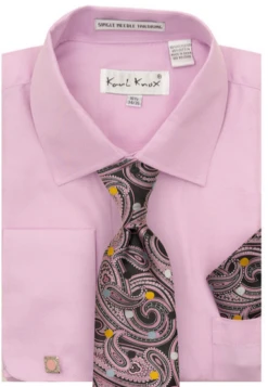 Karl Knox Men's French Cuff Shirt Set - Bold Jacquard -Stylish Men's Formal Wear 4491 rose