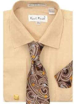 Karl Knox Men's French Cuff Shirt Set - Bold Jacquard -Stylish Men's Formal Wear 4491 tan