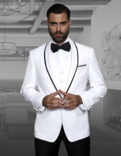 Statement Men's 3 Piece 100% Wool Tuxedo - Accented Shawl Collar -Stylish Men's Formal Wear 57472 genova white