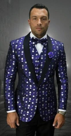 Statement Men's Modern Fit Tuxedo - Fancy Polka Dot Pattern -Stylish Men's Formal Wear 73010 bellagio 13 purple