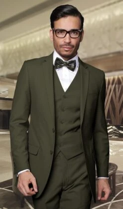 Statement Men's 3 Piece Wool Blend Suit - Solid Colors -Stylish Men's Formal Wear 81890 lorenzo olive