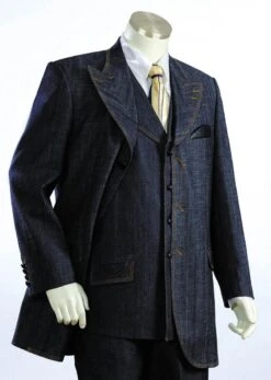 Canto Men's 3 Piece Denim Suit - Designer Finishes With Leather