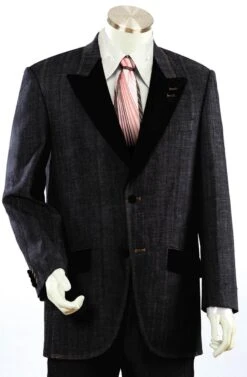 Canto Men's Denim Suit - Velvet Lapels, Pockets And Buttons