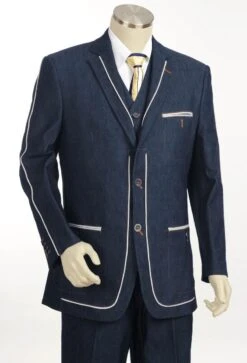 Canto Men's 3 Piece Denim Suit - Notch Lapel Fancy Satin Trim