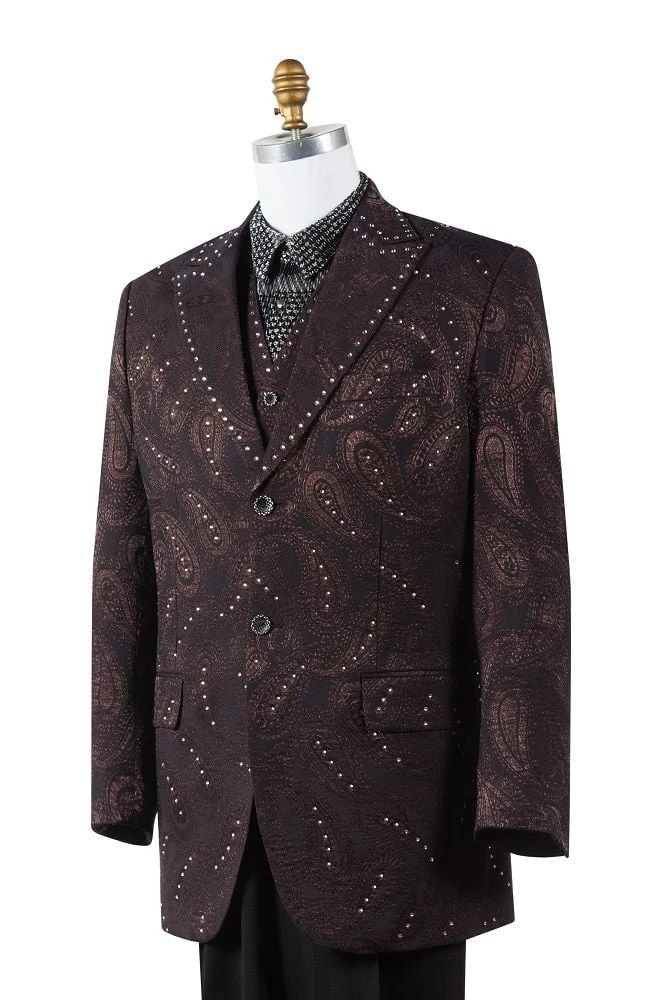 Canto Men's 3 Piece Silk Feel Fashion Suit - Rhinestone Paisley 3 Canto Men's 3 Piece Silk Feel Fashion Suit - Rhinestone Paisley