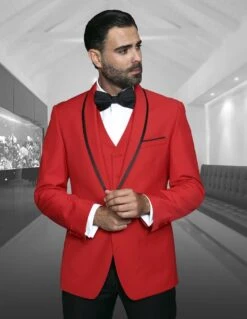 Statement Men's 3 Piece 100% Wool Tuxedo - Accented Shawl Collar -Stylish Men's Formal Wear 84573 genova red