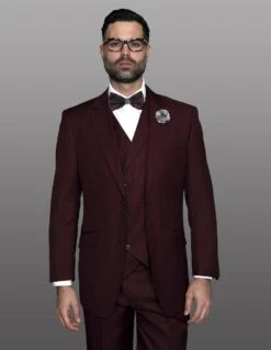 Statement Men's 3 Piece 100% Wool Suit - Elegant Solid -Stylish Men's Formal Wear 99047 messina burgundy