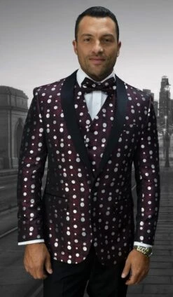 Statement Men's Modern Fit Tuxedo - Fancy Polka Dot Pattern -Stylish Men's Formal Wear 99715 bellagio 13 burgundy