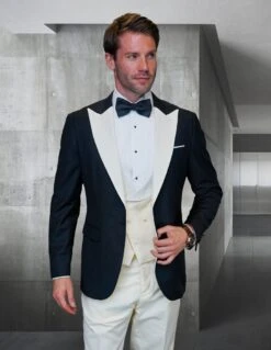 Statement Men's 3 Piece Wool Tuxedo - Two Tone Lapel 12 Statement Men's 3 Piece Wool Tuxedo - Two Tone Lapel -Stylish Men's Formal Wear arya ivory