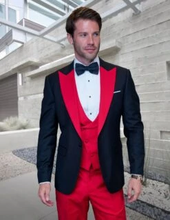 Statement Men's 3 Piece Wool Tuxedo - Two Tone Lapel 14 Statement Men's 3 Piece Wool Tuxedo - Two Tone Lapel -Stylish Men's Formal Wear arya red