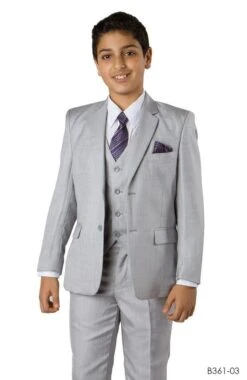 Tazio Boy's 5 Piece Suit With Free Shirt And Tie - Ultra Soft Sharkskin -Stylish Men's Formal Wear b361 03 light grey