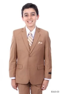 Tazio Boy's 5 Piece Suit With Shirt & Tie - 4 Button Vest -Stylish Men's Formal Wear b363camel