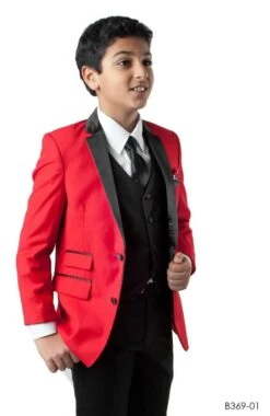 Tazio Boy's 3 Pc Slim Fit Suit - Compose With Contrasting Trim -Stylish Men's Formal Wear b369s 01 red