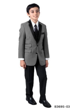 Tazio Boy's 3 Pc Slim Fit Suit - Compose With Contrasting Trim -Stylish Men's Formal Wear b369s 03 ltgrey