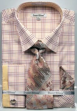 Daniel Ellissa Men's French Cuff Dress Shirt Set - Graph Checker -Stylish Men's Formal Wear beige 3781