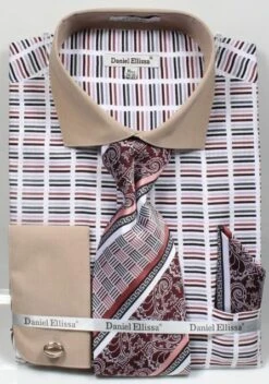 Daniel Ellissa Men's French Cuff Dress Shirt Set - Multicolor Stripe -Stylish Men's Formal Wear beige 3783