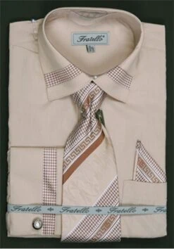 Fratello Men's French Cuff Dress Shirt Set - Houndstooth Patch -Stylish Men's Formal Wear beige 10 1