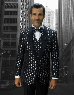 Statement Men's Modern Fit Outlet Tuxedo - Fancy Polka Dot Pattern -Stylish Men's Formal Wear belagio13 black 2 21