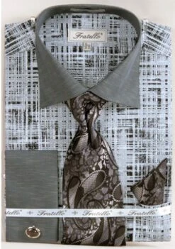 Fratello Men's French Cuff Dress Shirt Set - Tone On Tone -Stylish Men's Formal Wear bk gray