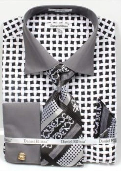 Daniel Ellissa Men's French Cuff Shirt Set - Patterned Two Tone -Stylish Men's Formal Wear bk white 3782