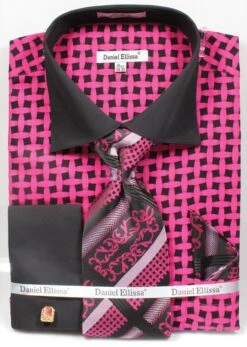 Daniel Ellissa Men's French Cuff Shirt Set - Patterned Two Tone -Stylish Men's Formal Wear bk fuchsia 3782