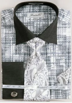 Fratello Men's French Cuff Dress Shirt Set - Tone On Tone -Stylish Men's Formal Wear bk white