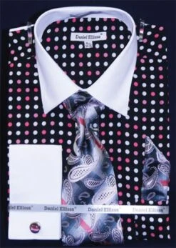 Daniel Ellissa Men's French Cuff Dress Shirt Set - Multi Polka Dot -Stylish Men's Formal Wear black fuchsia 1