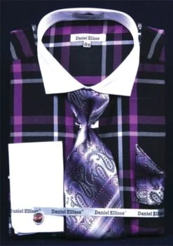 Daniel Ellissa French Cuff Shirt Set - Tonal Windowpane -Stylish Men's Formal Wear black purple