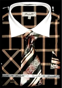 Fratello Men's French Cuff Dress Shirt Set - Dramatic Windowpane -Stylish Men's Formal Wear black tan 3