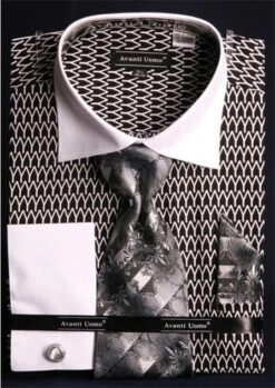 Avanti Uomo Men's French Cuff Dress Shirt Set - Two Tone Print 18 Avanti Uomo Men's French Cuff Dress Shirt Set - Two Tone Print -Stylish Men's Formal Wear black white 3 1