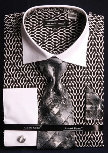 Avanti Uomo Men's French Cuff Dress Shirt Set - Two Tone Print 4 Avanti Uomo Men's French Cuff Dress Shirt Set - Two Tone Print - Image 2