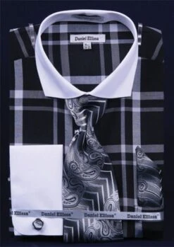 Daniel Ellissa French Cuff Shirt Set - Tonal Windowpane -Stylish Men's Formal Wear black white 5