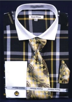 Daniel Ellissa French Cuff Shirt Set - Tonal Windowpane -Stylish Men's Formal Wear black yellow 1